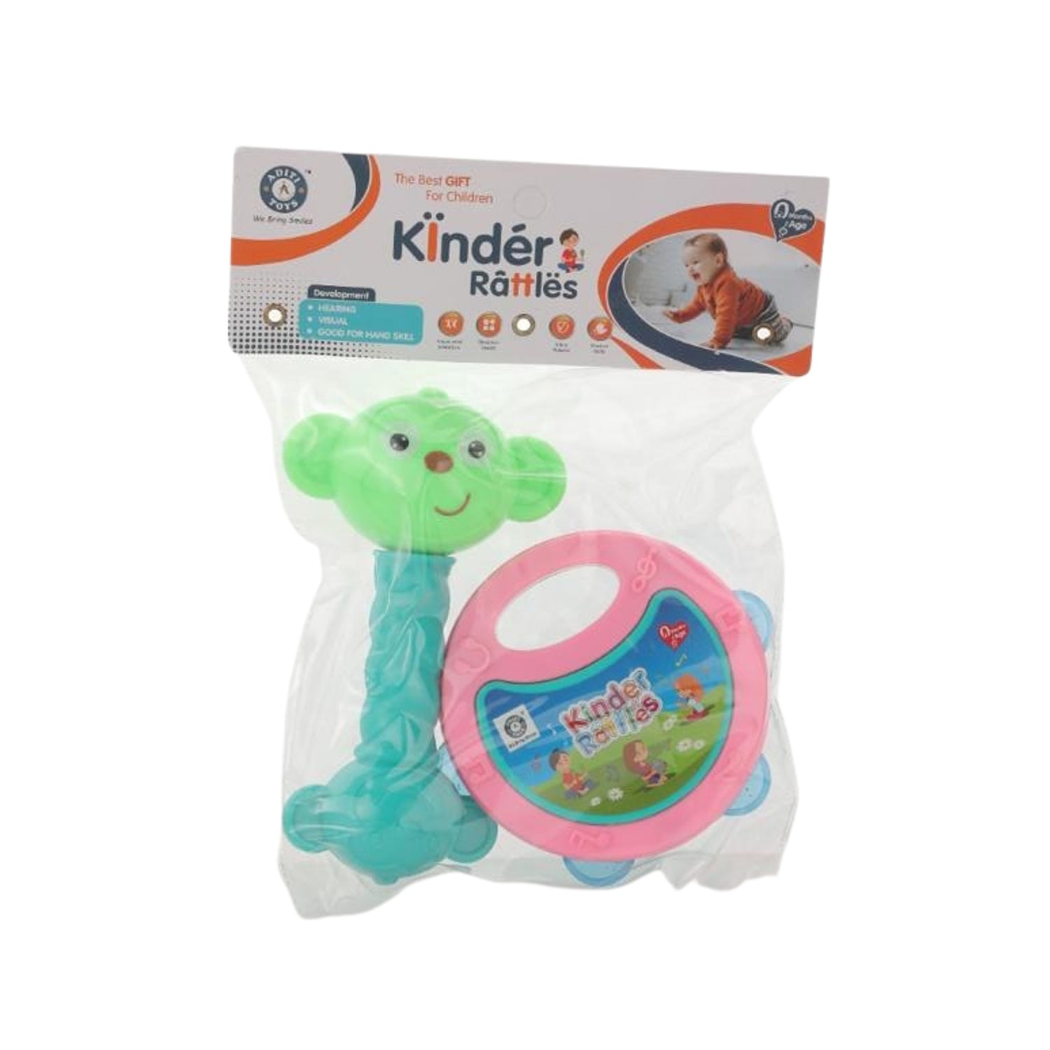 Set of two colorful rattles designed for babies, featuring easy-to-grip handles. Set of two colorful rattles designed for babies, featuring easy-to-grip handles.